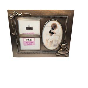 Burnes Of Boston Early Years Pewter Tabletop Picture Frame W Bow and Bear Decor